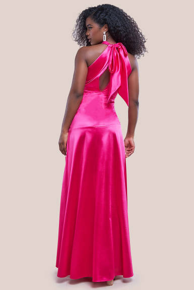 Goddiva - Halter Neck Front Split Satin Maxi Dress