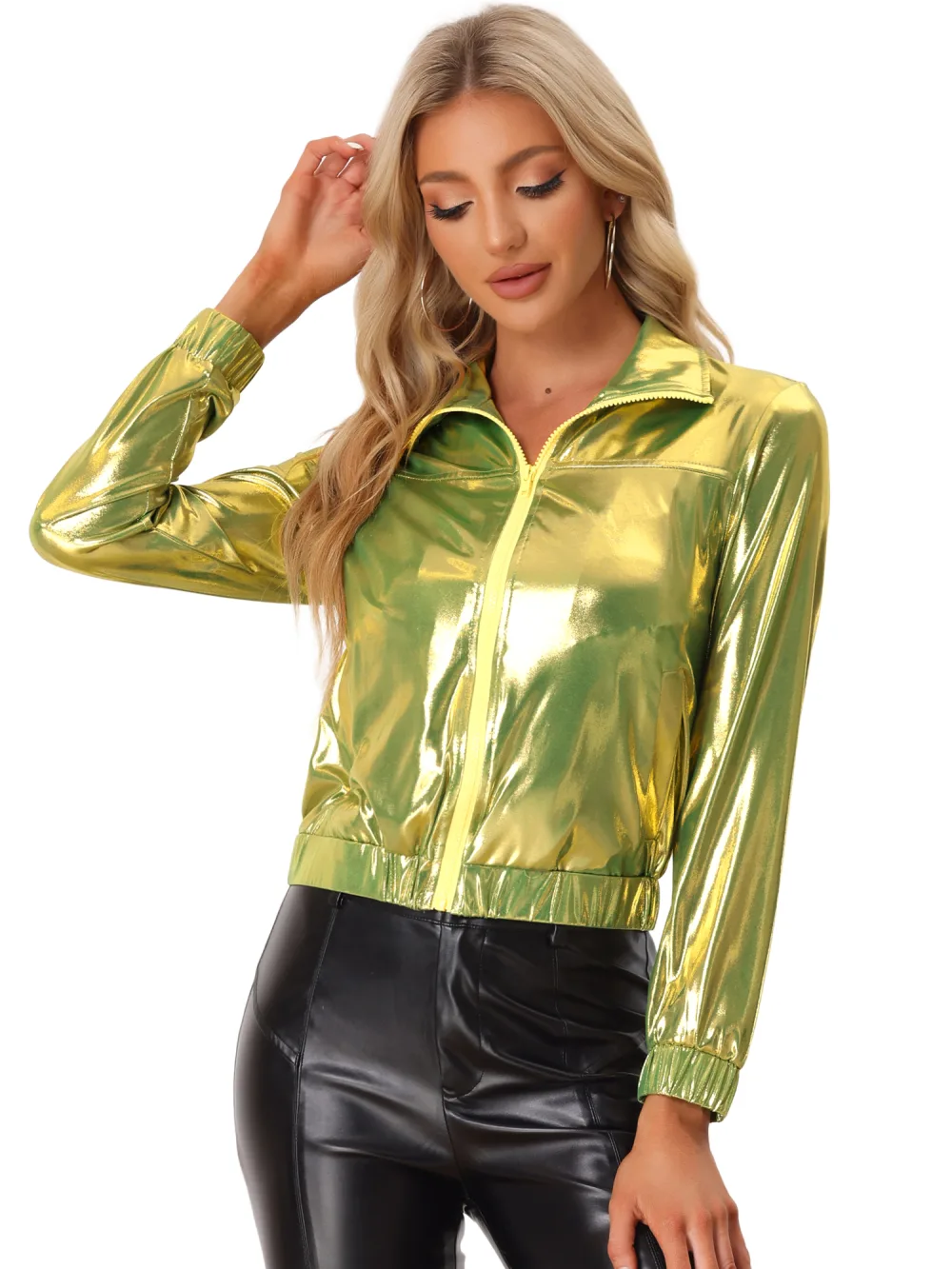 Allegra K- Metallic Shiny Zip Front Short Track Jacket