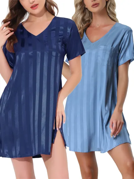 cheibear - Striped Satin Summer Nightshirt 2-Pack, Blue