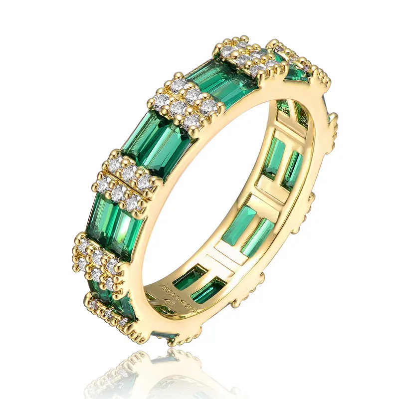 Rachel Glauber 14k Gold Plated with Double Emerald Green Cubic Zirconia Band Ring: Size 7