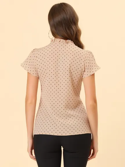 Allegra K- Ruffle Dots Retro Short Sleeve Button Down Blouse