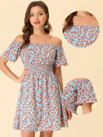 Allegra K- Ditsy Floral Off Shoulder A-Line Smocked Dress