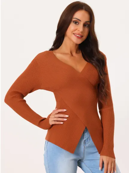 Allegra K- V Neck Wrap Long Sleeve Sweater Top