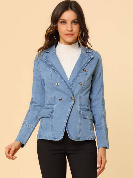 Allegra K- Notched Lapel Button Denim Jacket with Pockets