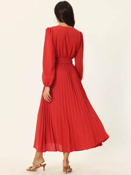 Allegra K - Robe mi-longue plissée bouffante à manches longues et col en V avec ceinture à la taille