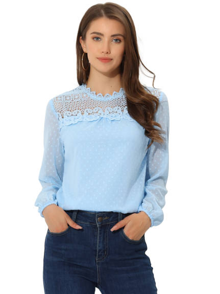 Allegra K- Lace Crochet Crew Neck Chiffon Blouse