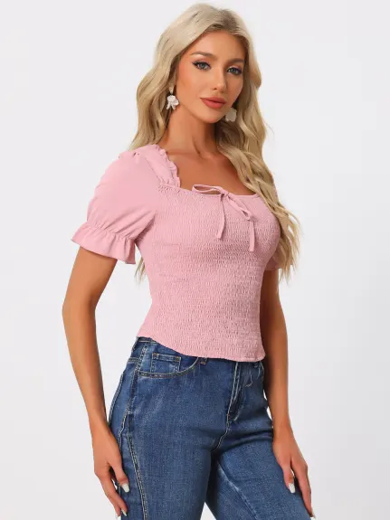 Allegra K- Square Neck Summer Smocked Blouse