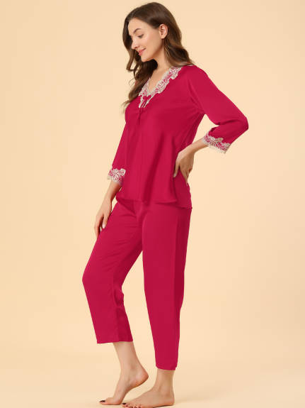 Allegra K - Lace Trim Solid Pajama Sets