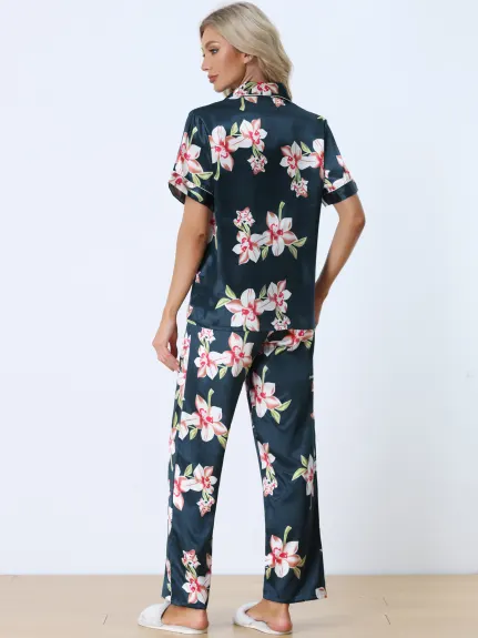 cheibear - Button Down Satin Floral Summer Pajamas Set