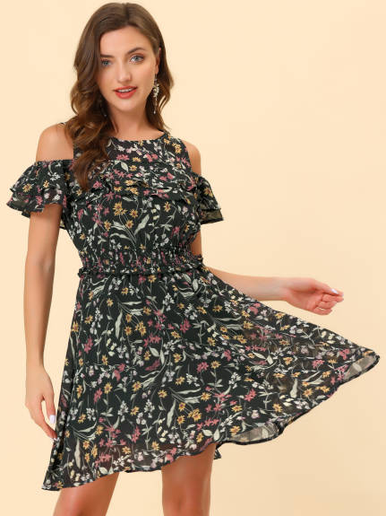 Allegra K- Cold Shoulder Smocked Waist Chiffon Floral Mini Dress