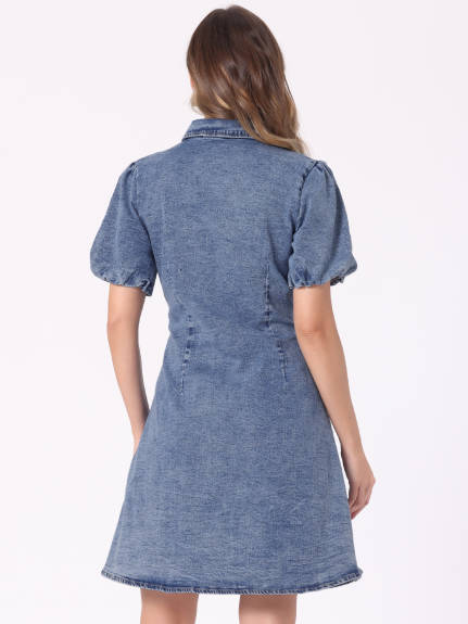 Allegra K - Puff Short Sleeve Button Down Jean Dress