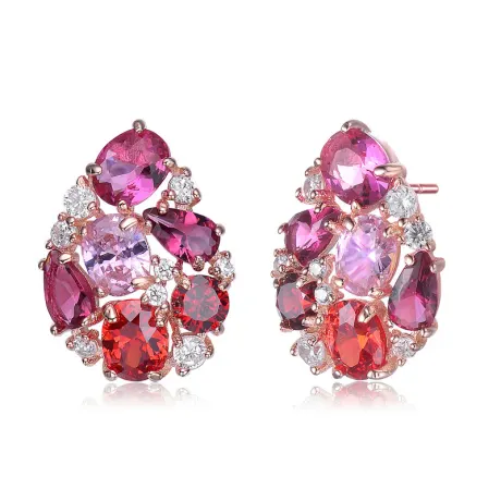 Genevive Sterling Silver 18k Rose Gold Plated Ruby Red Cubic Zirconia Cluster Pear-Shaped Stud Earrings