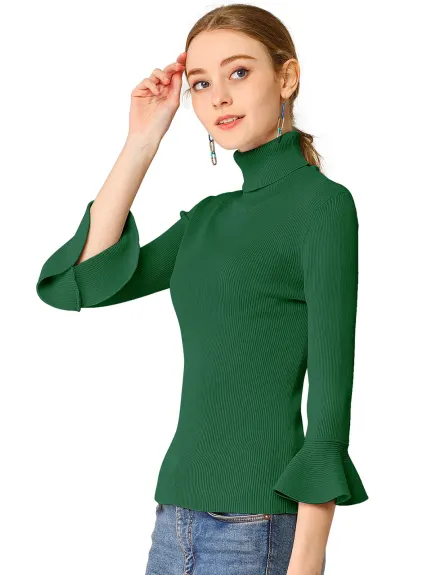 Allegra K- Turtle Neck 3/4 Ruffle Sleeves Pullover Slim Rib Knit Sweater