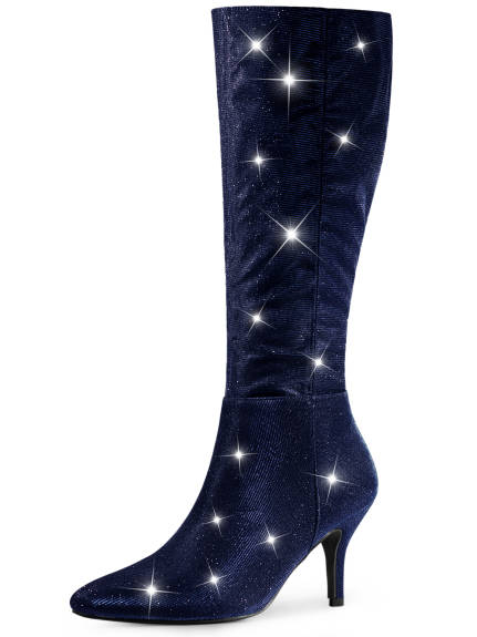 Allegra K - Glitter Stiletto Heel Knee High Boots