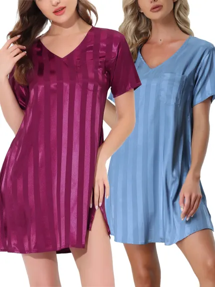 cheibear - Striped Satin Summer Nightshirt 2-Pack