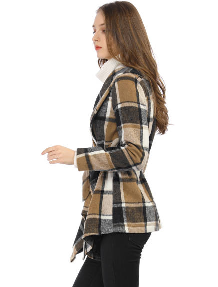 Allegra K- Turn Down Collar Asymmetric Hem Plaids Coat