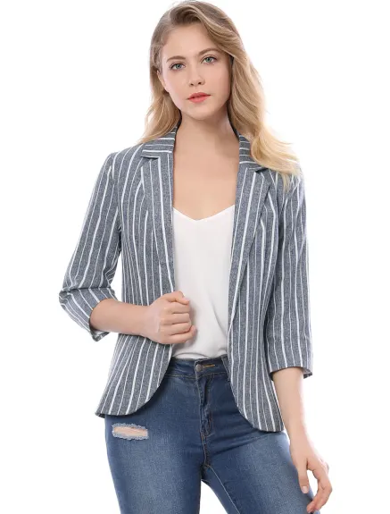 Allegra K- Casual Striped 3/4 Sleeves Open Front Notched Lapel Blazer