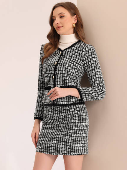 Allegra K - Plaid Tweed Short Blazer Skirt Sets