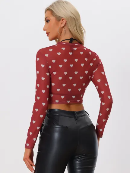 Allegra K- Semi-Sheer Blouse Heart Print Crop Mesh Top