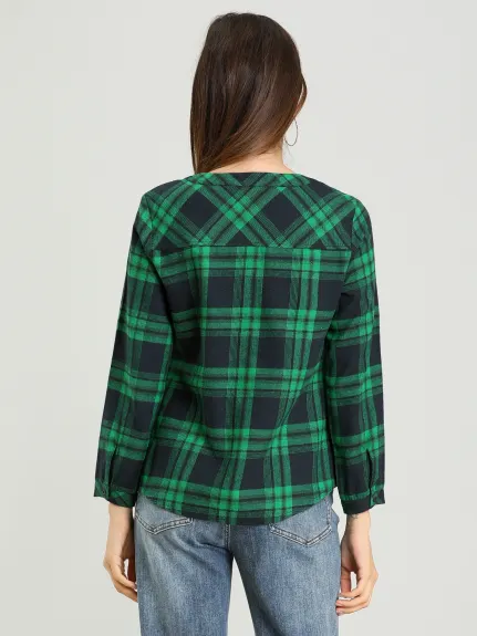 Allegra K- Plaid V Neck Long Sleeve Blouse Shirt