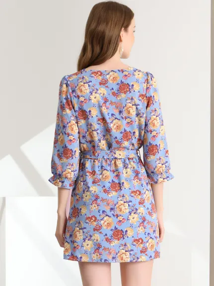 Allegra K- Floral Half Placket Belted 3/4 Sleeve Dress