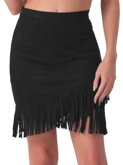 Allegra K - Faux Suede Fringe Trim Mini Skirt