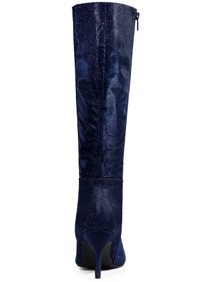 Allegra K - Glitter Stiletto Heel Knee High Boots