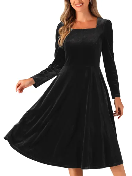 Allegra K - Square Neck Velvet Puff Sleeve Dress