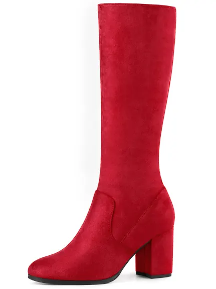 Allegra K- Round Toe Solid Chunky Heels Knee High Boots