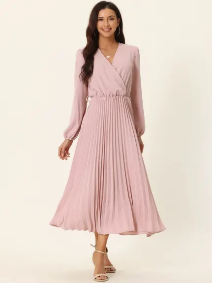 Allegra K- Pleated Puff Long Sleeve V Neck Belt Waist Midi Dress