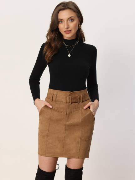 Allegra K - Faux Suede High Waist Belted Skirt