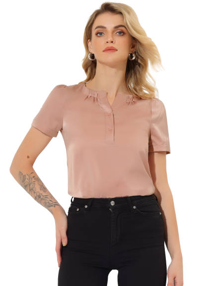 Allegra K - Round Neck Satin Casual Henley Shirt