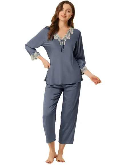 Allegra K - Lace Trim Solid Pajama Sets