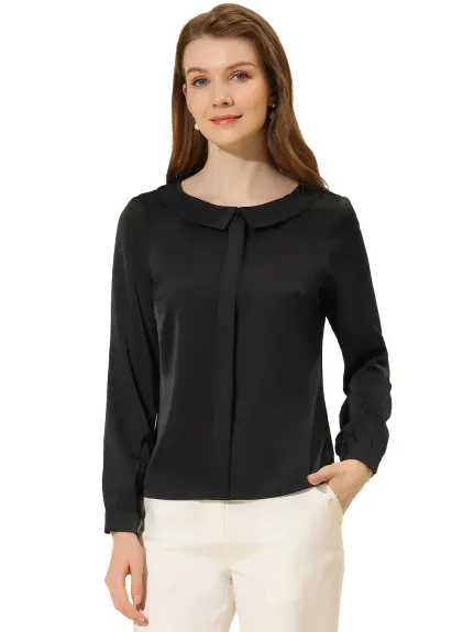 Allegra K- Peter Pan Collar Faux Placket Satin Shirt