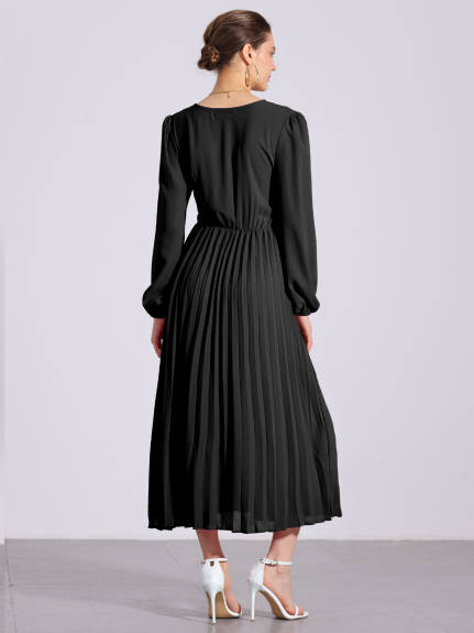 Allegra K - Pleated V-Neck Puff Sleeve Midi Dress