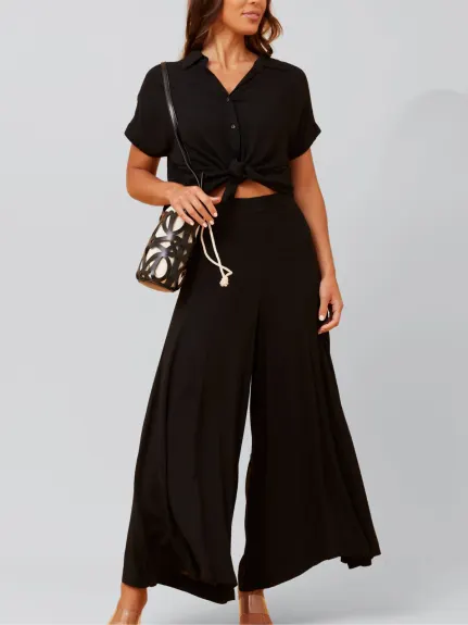 Solange Pantalon Palazzo Lin Taille Élastique Noir