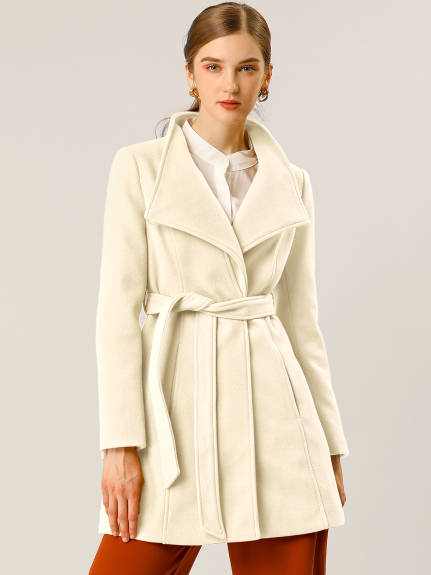 Allegra K- Classic Stand Collar Belted Long Coat