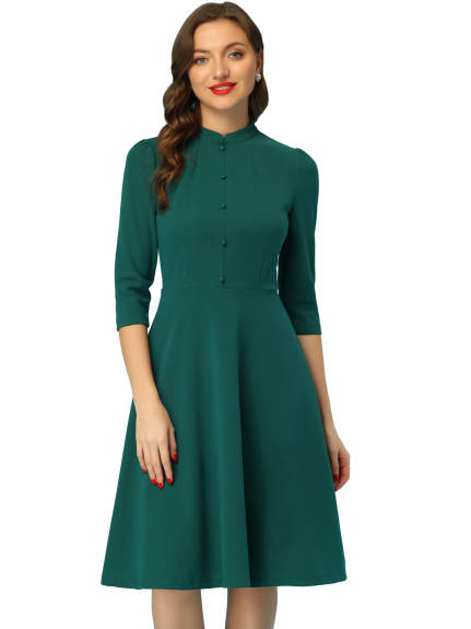 Allegra K- 3/4 Sleeves Stand Collar A-Line Dress