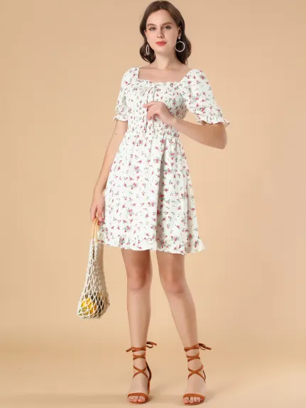 Allegra K- Puff Sleeve Square Neck Ruffled Hem Floral Smocked Dress