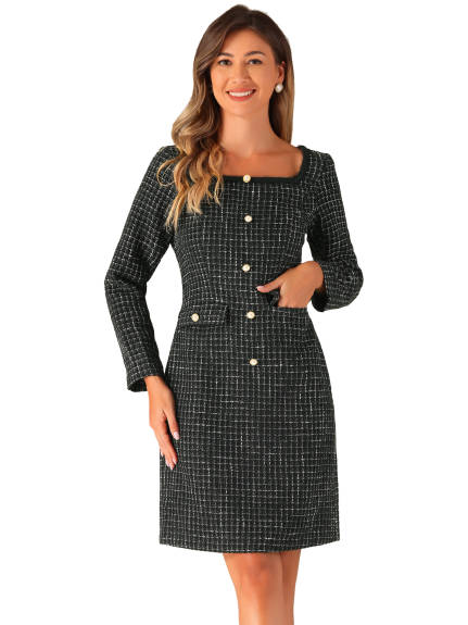 Allegra K - Tweed Plaid Square Neck Long Sleeve Dress