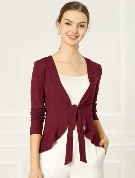 Allegra K- Tie Open Front Knit Ruffle Crop Cardigan