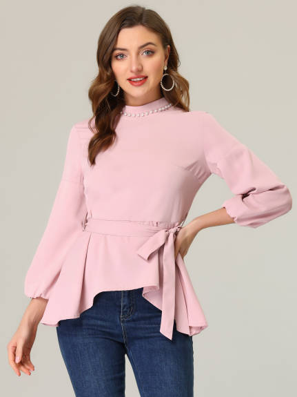 Allegra K - Mock Neck Asymmetrical Hem Belted Peplum Top