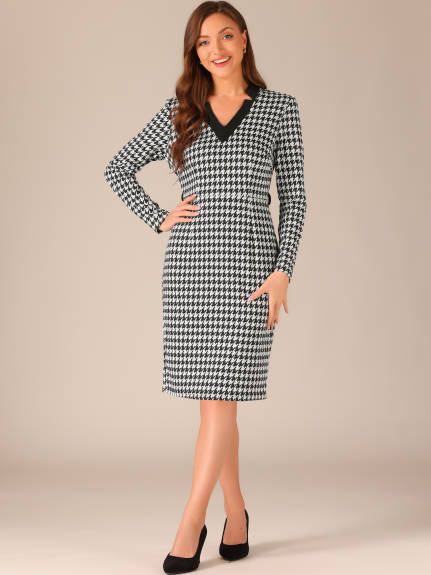 Allegra K - V Neck Houndstooth Knit Belted Pencil Dress