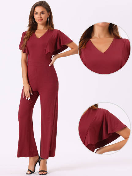 Allegra K - Ruffle Short Sleeve Fitted Wide Leg Jumpsuit