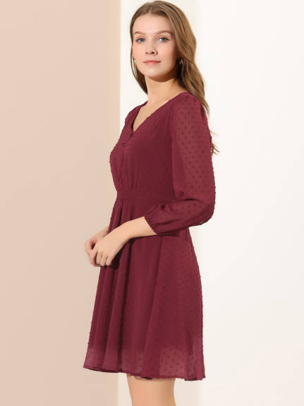 Allegra K- Swiss Dots 3/4 Sleeve A-line Chiffon Dress