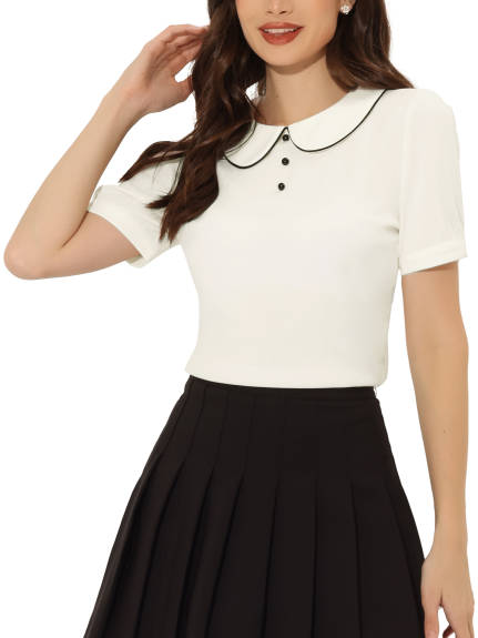 Allegra K- Peter Pan Collar Contrast Trim Puff Blouse