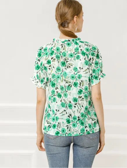 Allegra K- Floral Short Sleeve Ruffle Neck Blouse