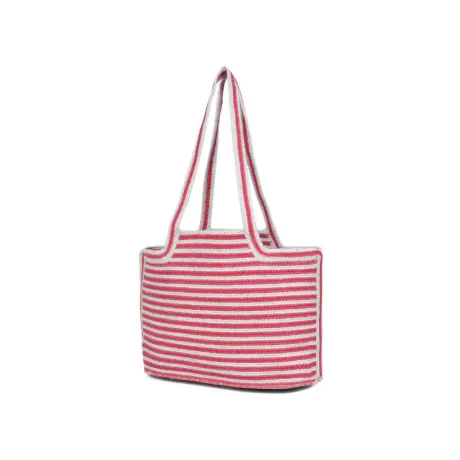 Aaron Leather Goods-Pink and White Striped Knit Jute Tote Bag