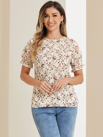 Allegra K- Chiffon Ruffled Trim Floral Blouse