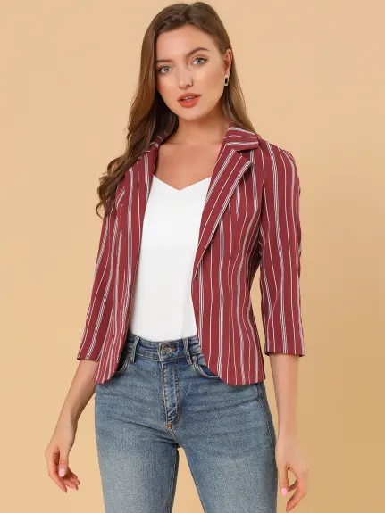 Allegra K- Casual Striped 3/4 Sleeves Open Front Notched Lapel Blazer